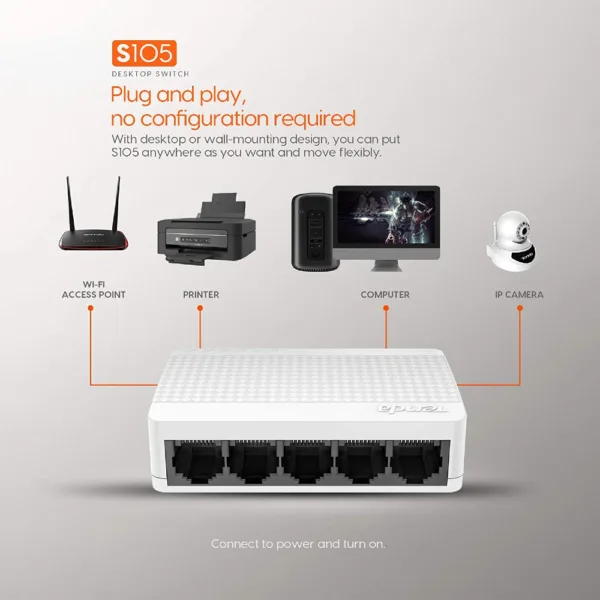 <ul> <li>Plug and Play Installation</li> <li>Up to 200Mbps full duplex bandwidth</li> <li>5 Port for network extensions</li> </ul> |